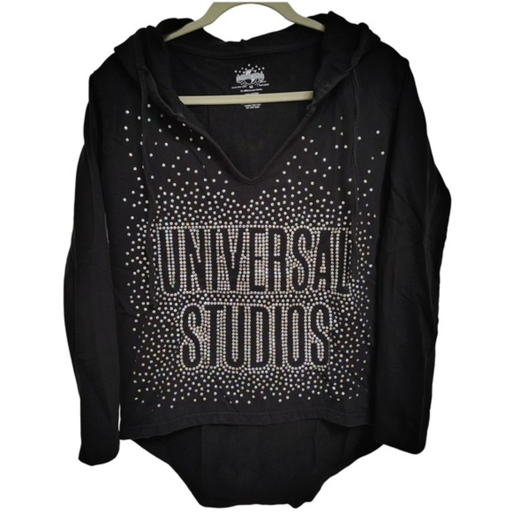 Universal Studios‎ Women's Sequin Hoodie Long Sleeve Size XS Black V Neck
